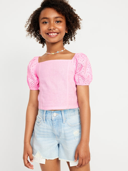 Short Puff-Sleeve Eyelet Linen-Blend Top for Girls