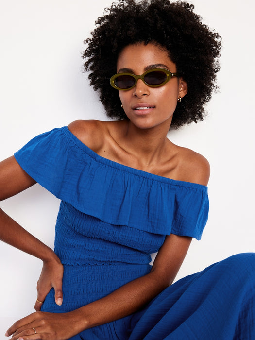 Off-Shoulder Crinkle Gauze Crop Top