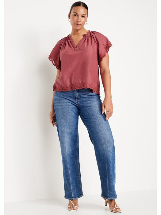 Embroidered Split-Neck Top