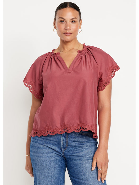 Embroidered Split-Neck Top