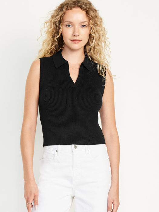Rib-Knit Crop Polo Sweater