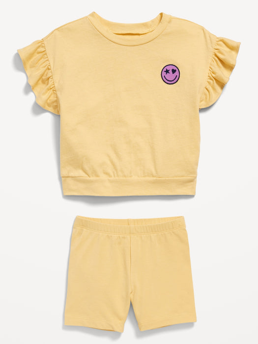 Printed Short-Sleeve Ruffle Top and Biker Shorts Set for Toddler Girls