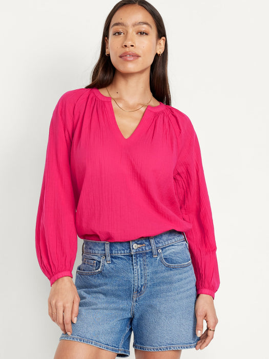 Split-Neck Crinkle Gauze Top