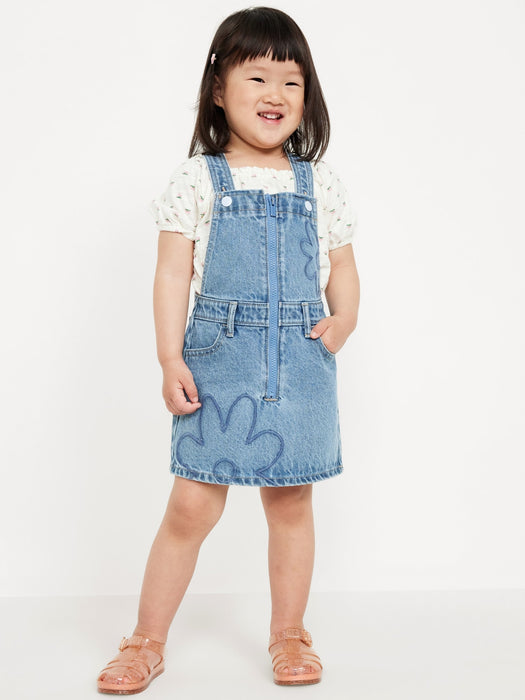 Zip-Front Embroidered Skirtall Jean Dress for Toddler Girls
