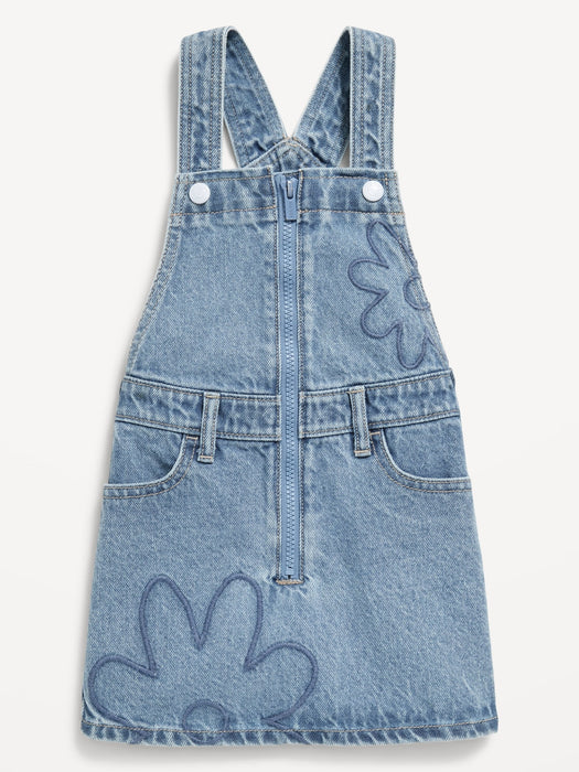 Zip-Front Embroidered Skirtall Jean Dress for Toddler Girls