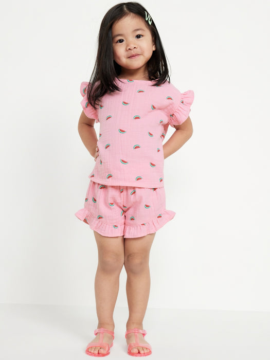 Short-Sleeve Ruffled Top and Shorts Set for Toddler Girls