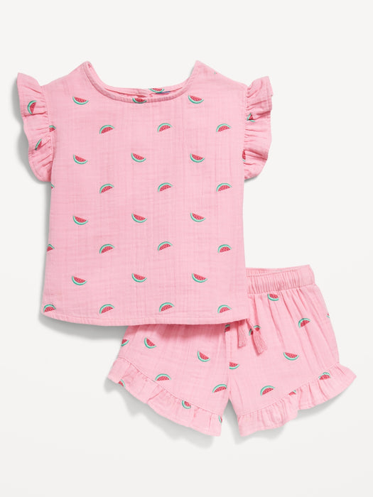 Short-Sleeve Ruffled Top and Shorts Set for Toddler Girls