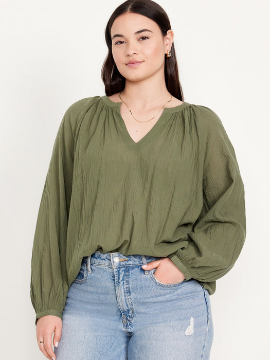 Split-Neck Crinkle Gauze Top