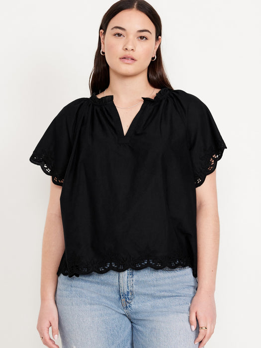Embroidered Split-Neck Top