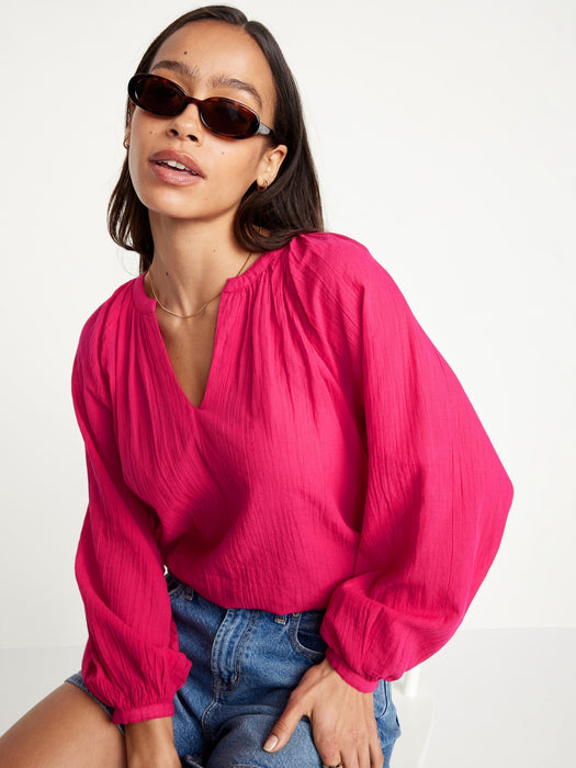 Split-Neck Crinkle Gauze Top