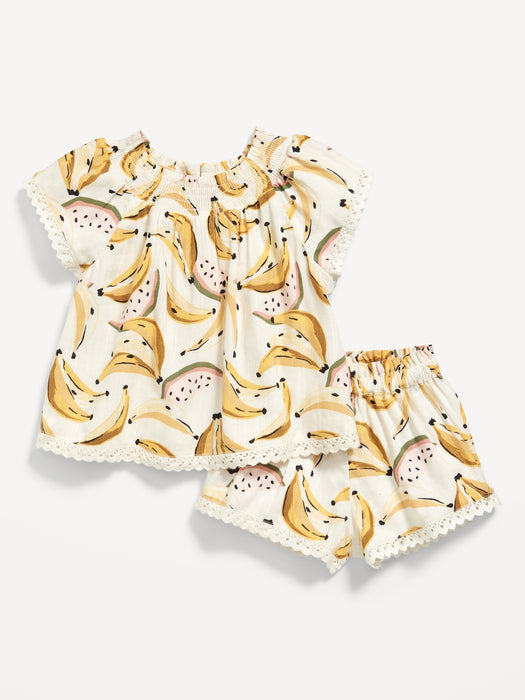 Flutter-Sleeve Scallop-Trim Top and Shorts Set for Baby