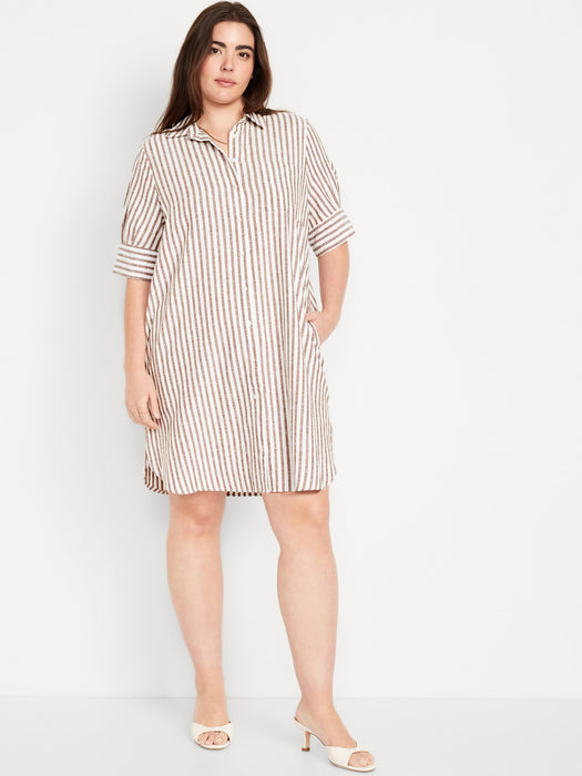 Puff-Sleeve Linen-Blend Shirt Dress