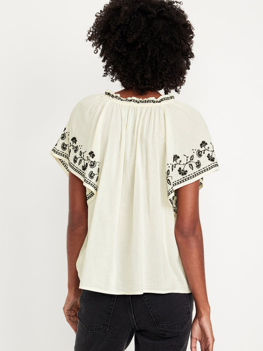 Embroidered Split-Neck Top