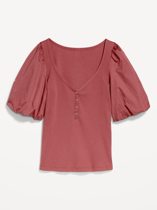 Puff-Sleeve Mixed Fabric Top