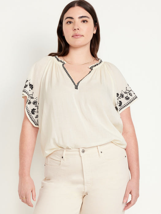 Embroidered Split-Neck Top
