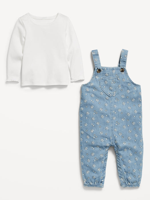 Long-Sleeve Ribbed Top and Jean Overalls Set for Baby