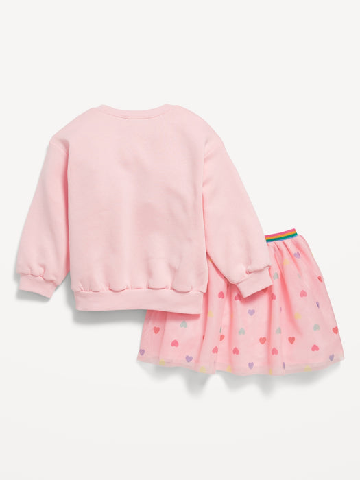 Crew-Neck Graphic Sweatshirt and Tulle Skirt Set for Toddler Girls