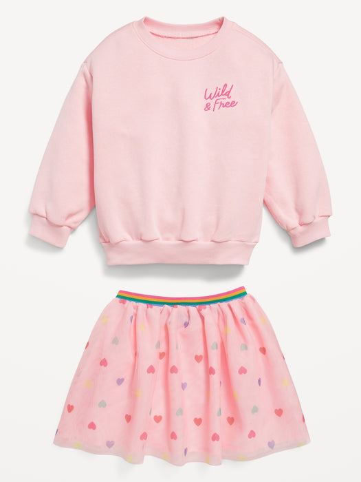 Crew-Neck Graphic Sweatshirt and Tulle Skirt Set for Toddler Girls