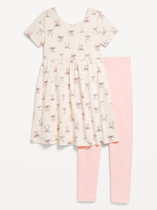 Short-Sleeve Fit and Flare Dress and Leggings Set for Girls