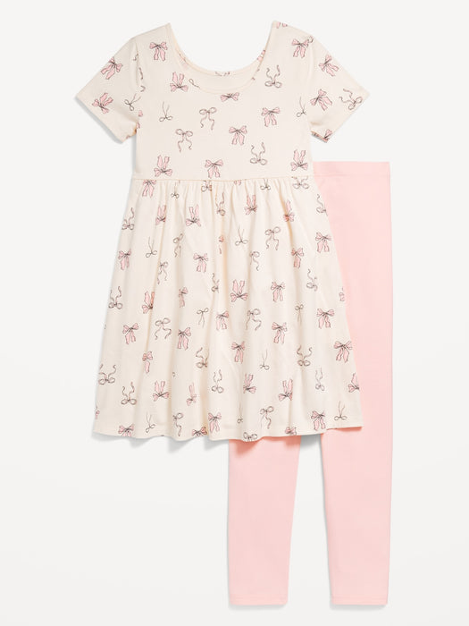 Short-Sleeve Fit and Flare Dress and Leggings Set for Girls