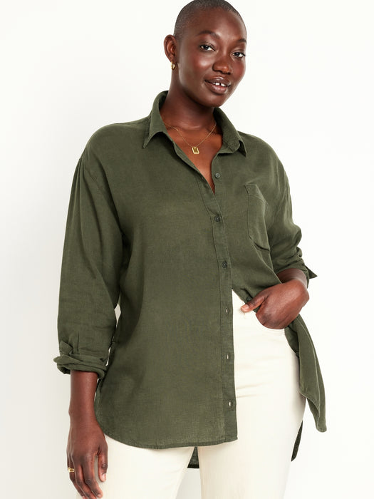 Linen-Blend Button-Down Boyfriend Shirt