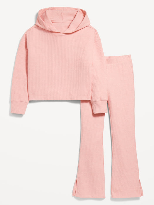 Plush Ribbed Hoodie and Flare Pants Set for Girls