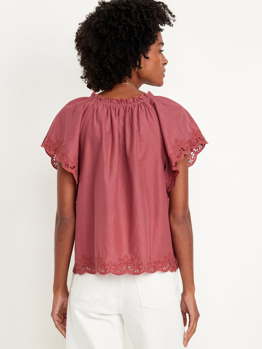 Embroidered Split-Neck Top