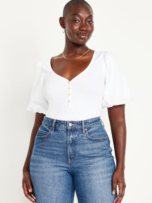 Puff-Sleeve Mixed Fabric Top