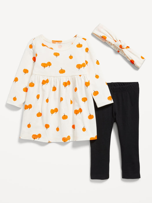 Printed Long-Sleeve Dress, Leggings, and Headband Set for Baby