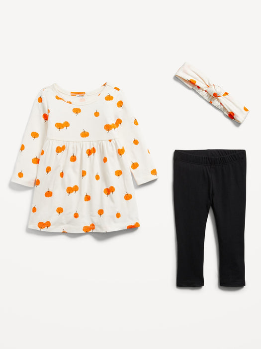 Printed Long-Sleeve Dress, Leggings, and Headband Set for Baby