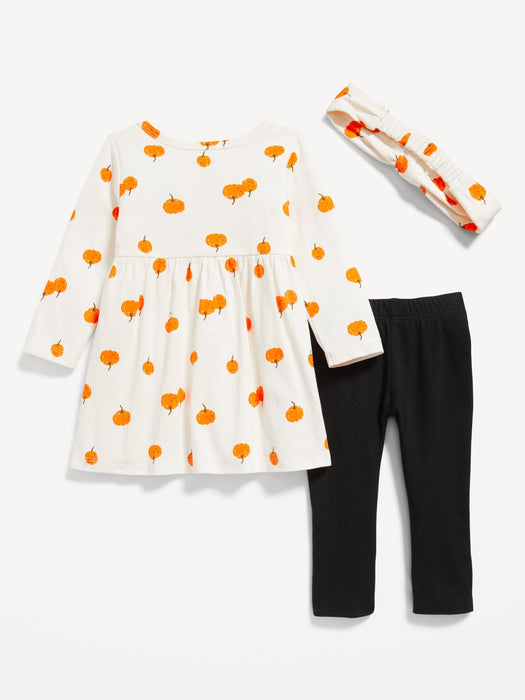 Printed Long-Sleeve Dress, Leggings, and Headband Set for Baby