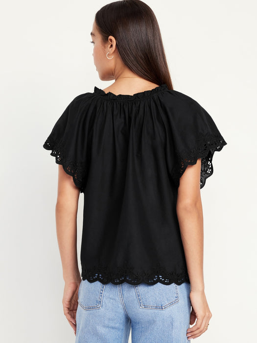 Embroidered Split-Neck Top