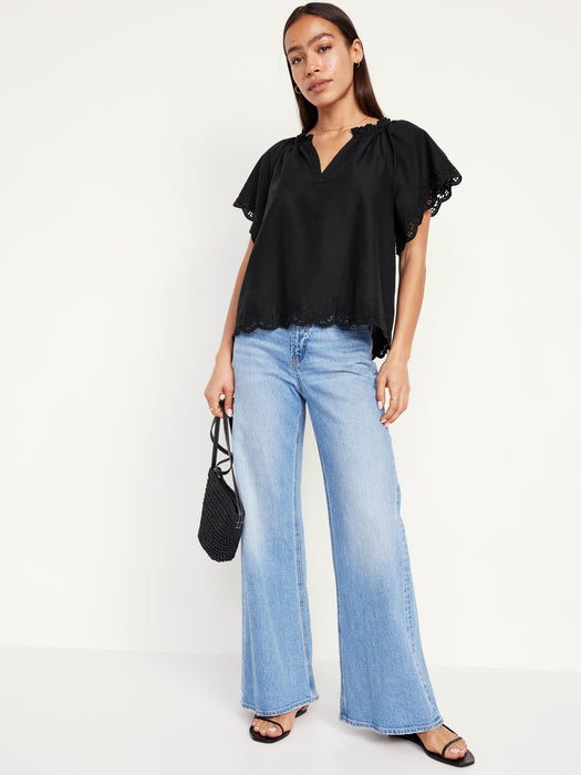 Embroidered Split-Neck Top