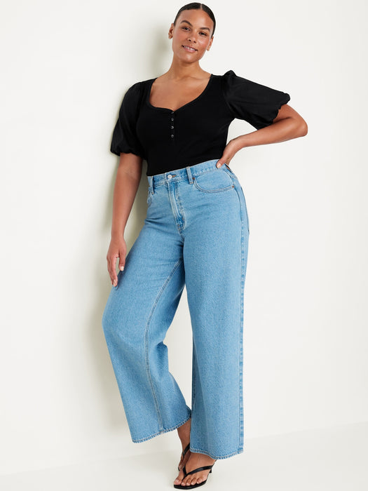 Puff-Sleeve Mixed Fabric Top