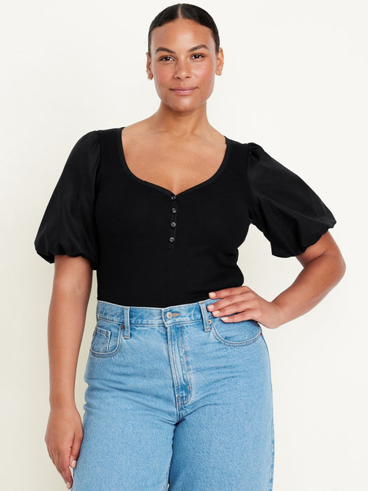 Puff-Sleeve Mixed Fabric Top