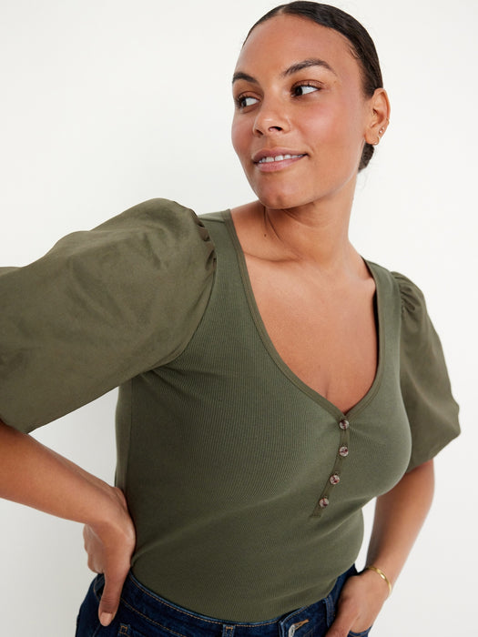 Puff-Sleeve Mixed Fabric Top