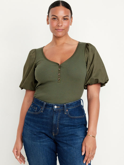 Puff-Sleeve Mixed Fabric Top