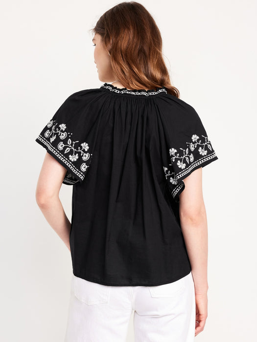 Embroidered Split-Neck Top
