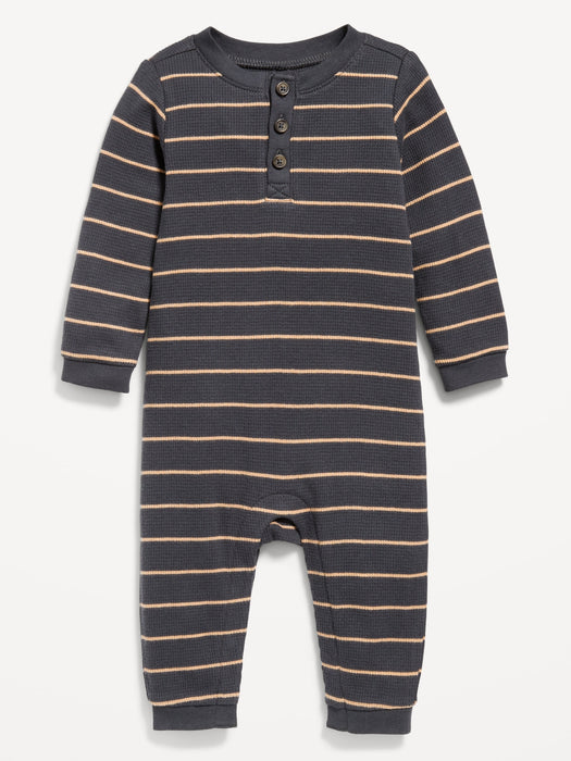 Printed Long-Sleeve Thermal-Knit Henley One-Piece for Baby