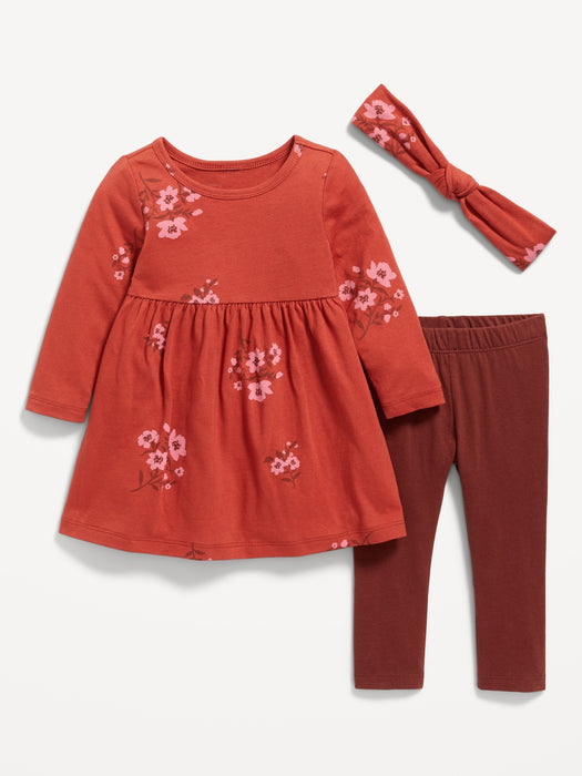 Printed Long-Sleeve Dress, Leggings, and Headband Set for Baby