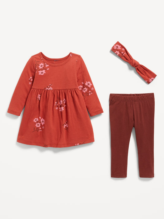 Printed Long-Sleeve Dress, Leggings, and Headband Set for Baby