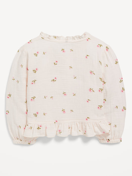 Printed Long-Sleeve Ruffle-Trim Double-Weave Top for Toddler Girls
