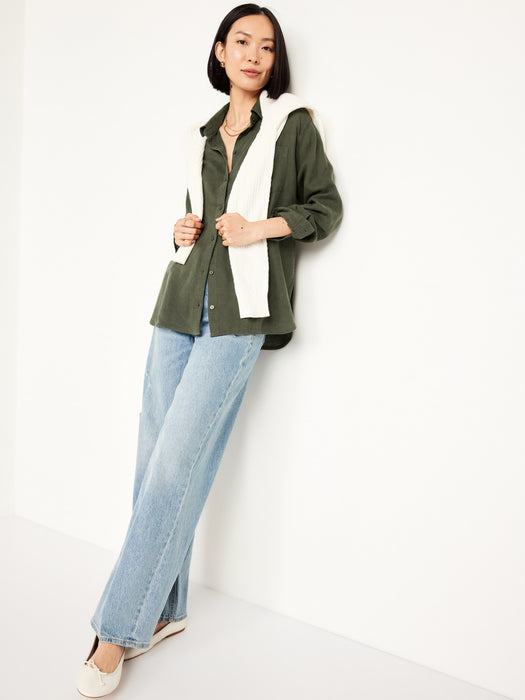 Linen-Blend Button-Down Boyfriend Shirt