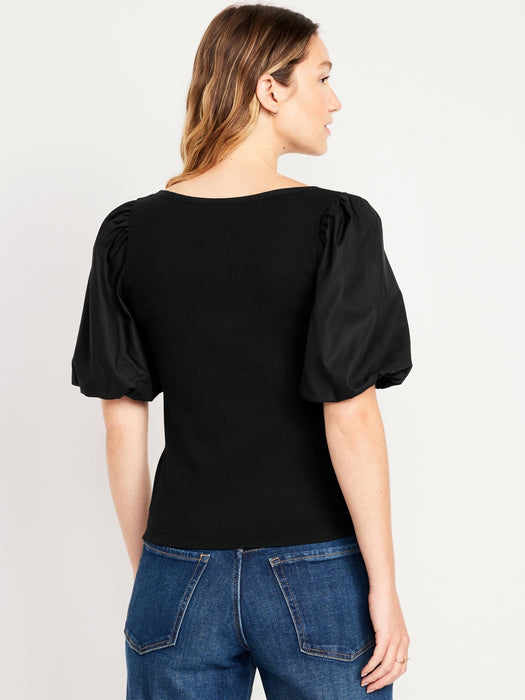 Puff-Sleeve Mixed Fabric Top