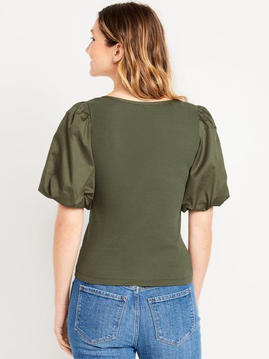 Puff-Sleeve Mixed Fabric Top