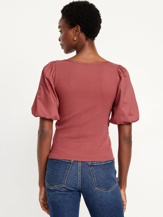 Puff-Sleeve Mixed Fabric Top