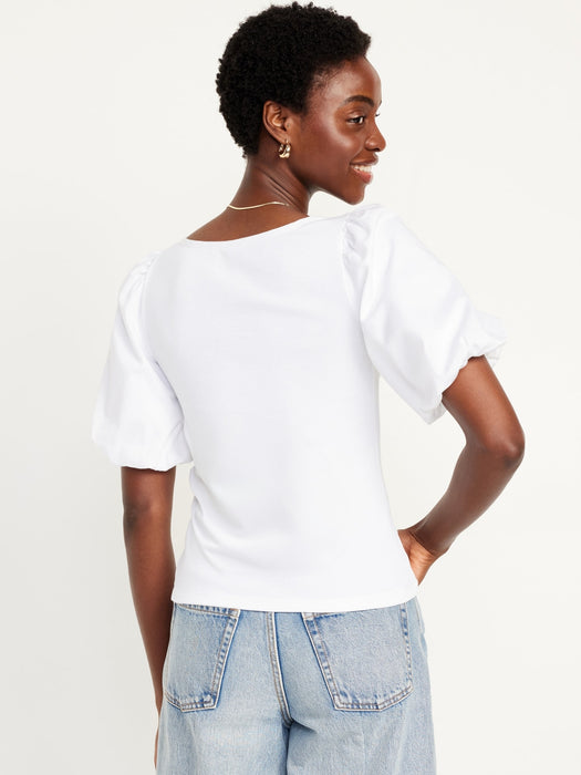 Puff-Sleeve Mixed Fabric Top