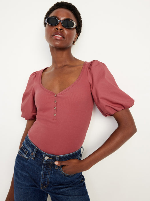 Puff-Sleeve Mixed Fabric Top