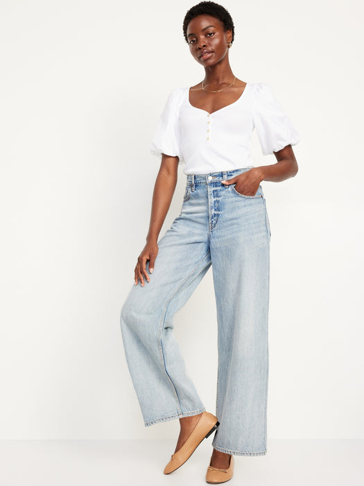 Puff-Sleeve Mixed Fabric Top