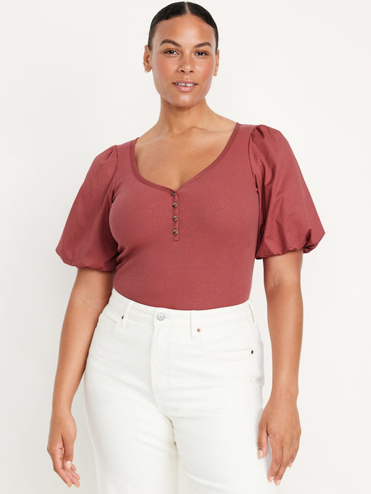 Puff-Sleeve Mixed Fabric Top